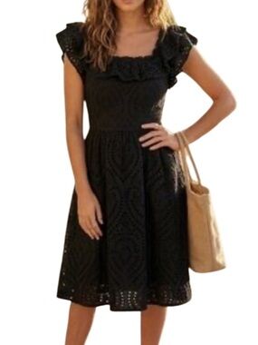 Ruffled Eyelet Black Midi Dress by Ryegrass-Size Large